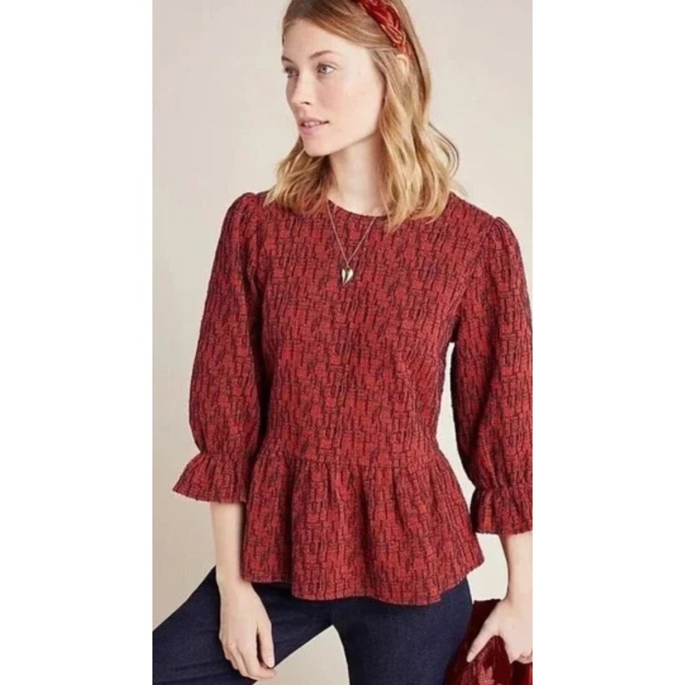 Anthro Ro & De Perette Frill Peplum‎ Blouse in Orange Motif SZ MD